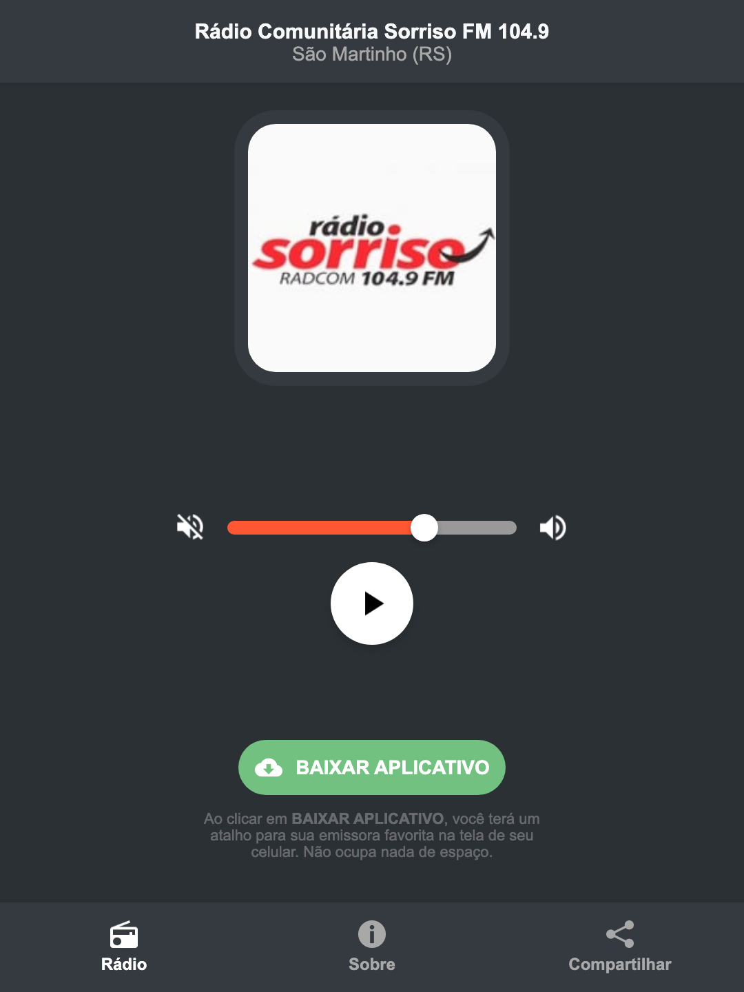 Screenshot do aplicativo da Rádio Comunitária Sorriso FM 104.9