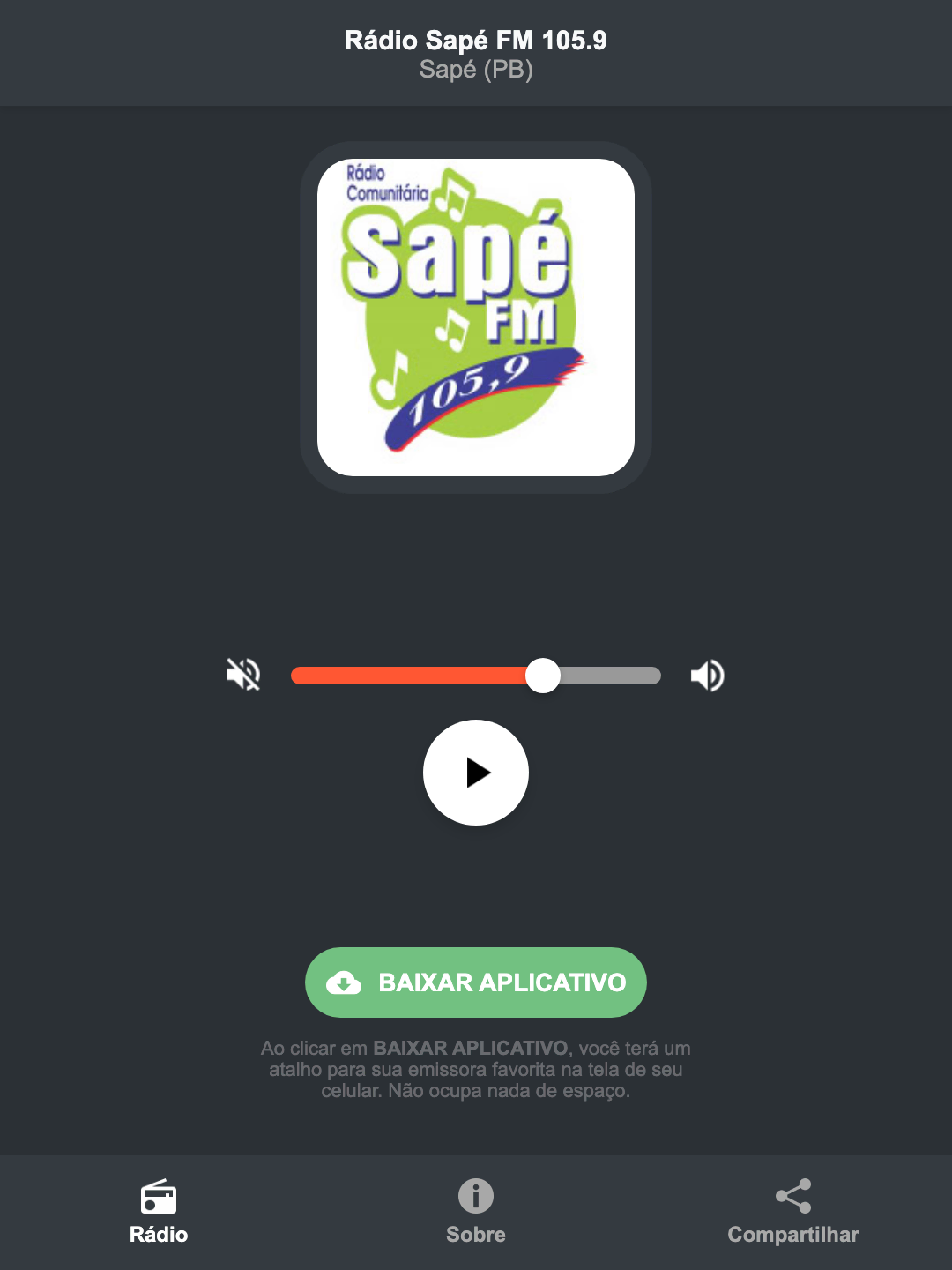 Screenshot do aplicativo da Rádio Sapé FM 105.9