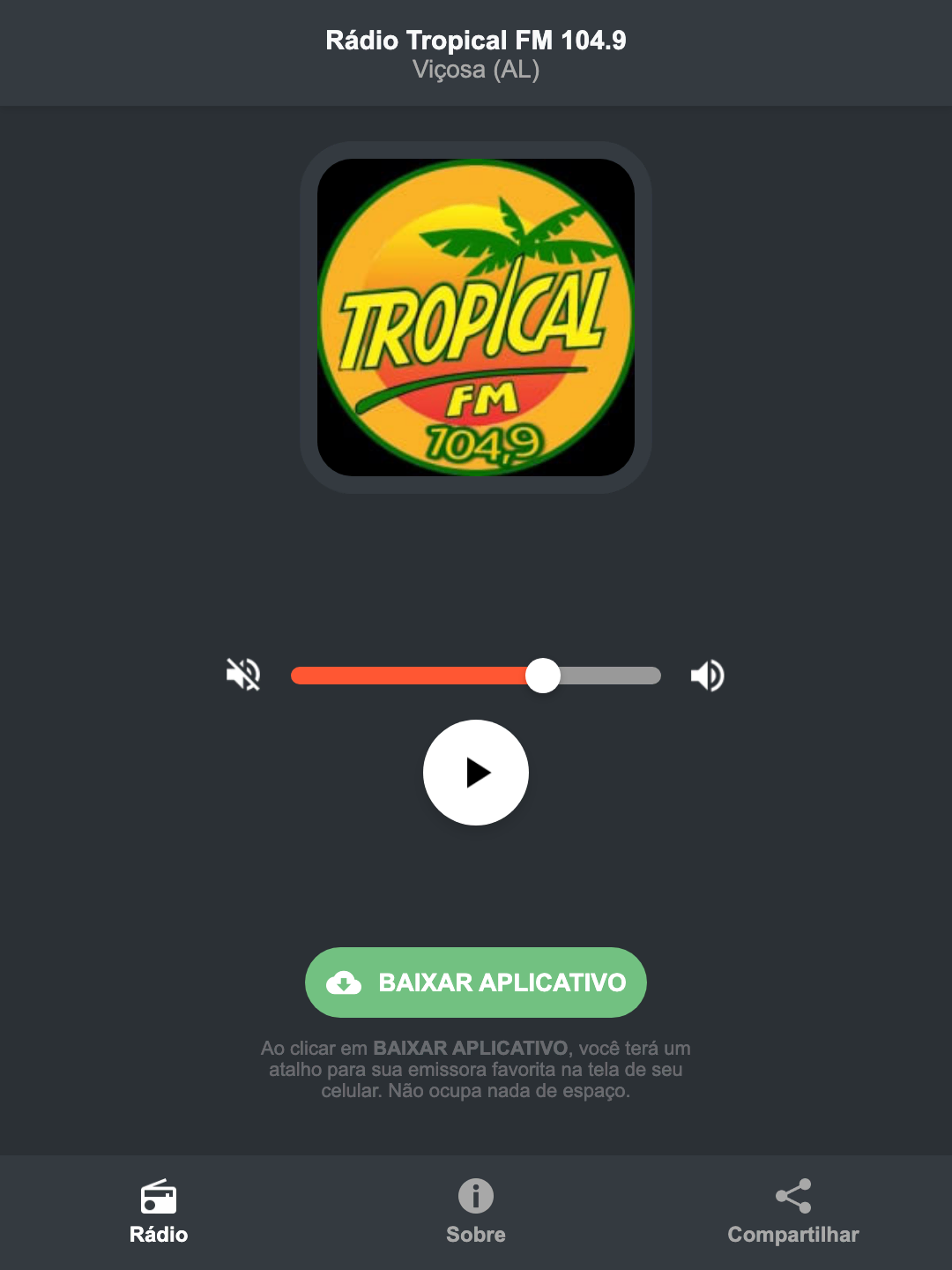 Screenshot do aplicativo da Rádio Tropical FM 104.9