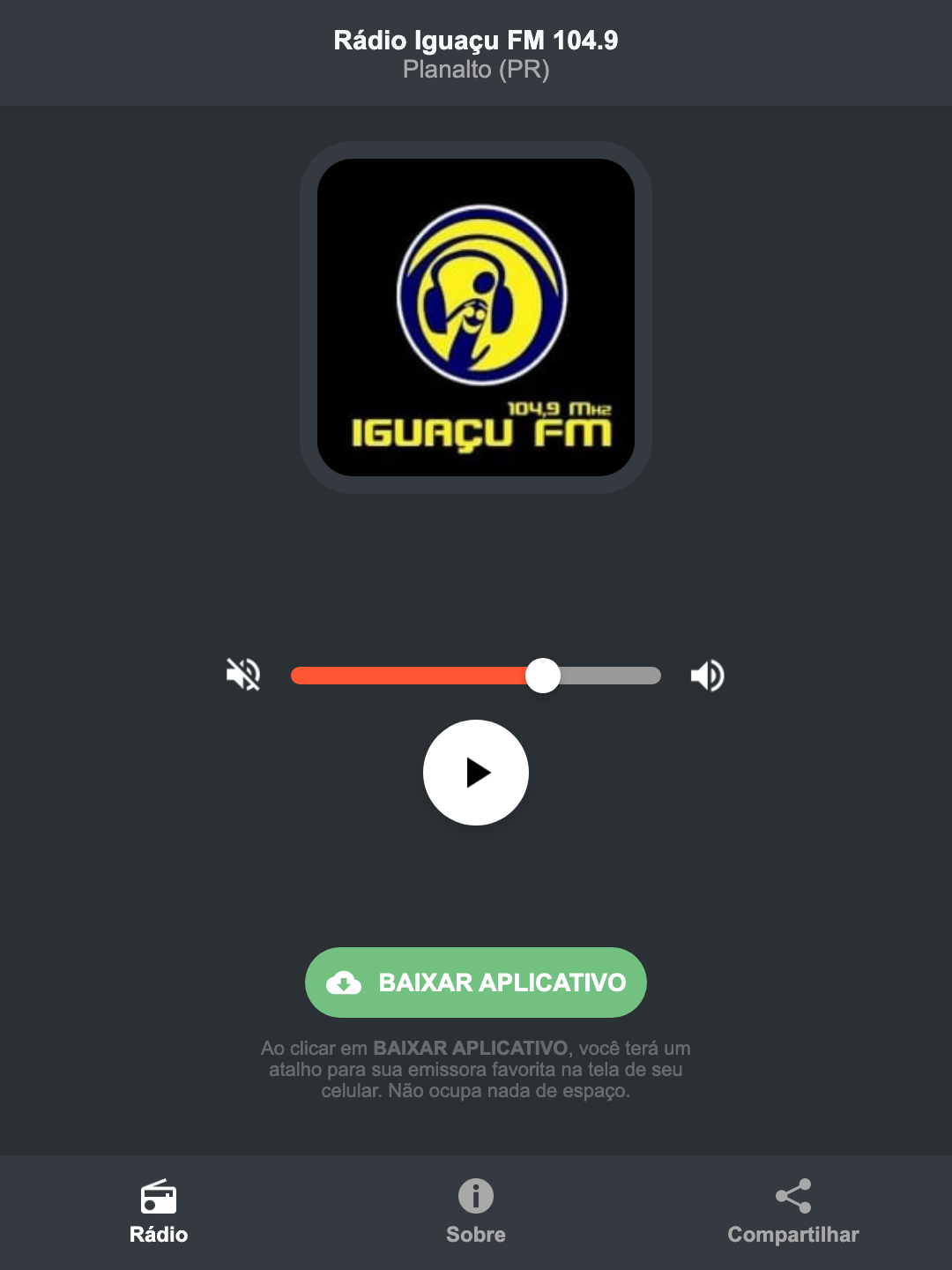 Screenshot do aplicativo da Rádio Iguaçu FM 104.9