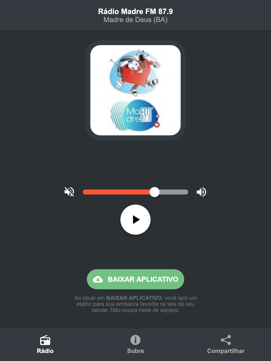 Screenshot do aplicativo da Rádio Madre FM 87.9