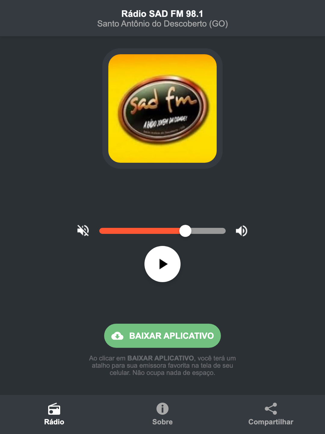 Screenshot do aplicativo da Rádio SAD FM 98.1