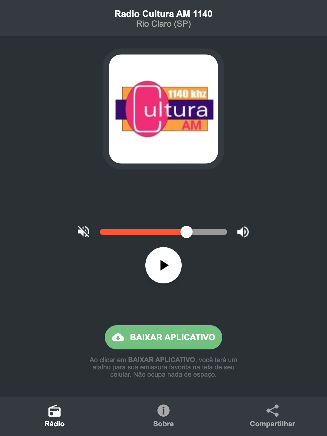 Screenshot do aplicativo da Radio Cultura AM 1140