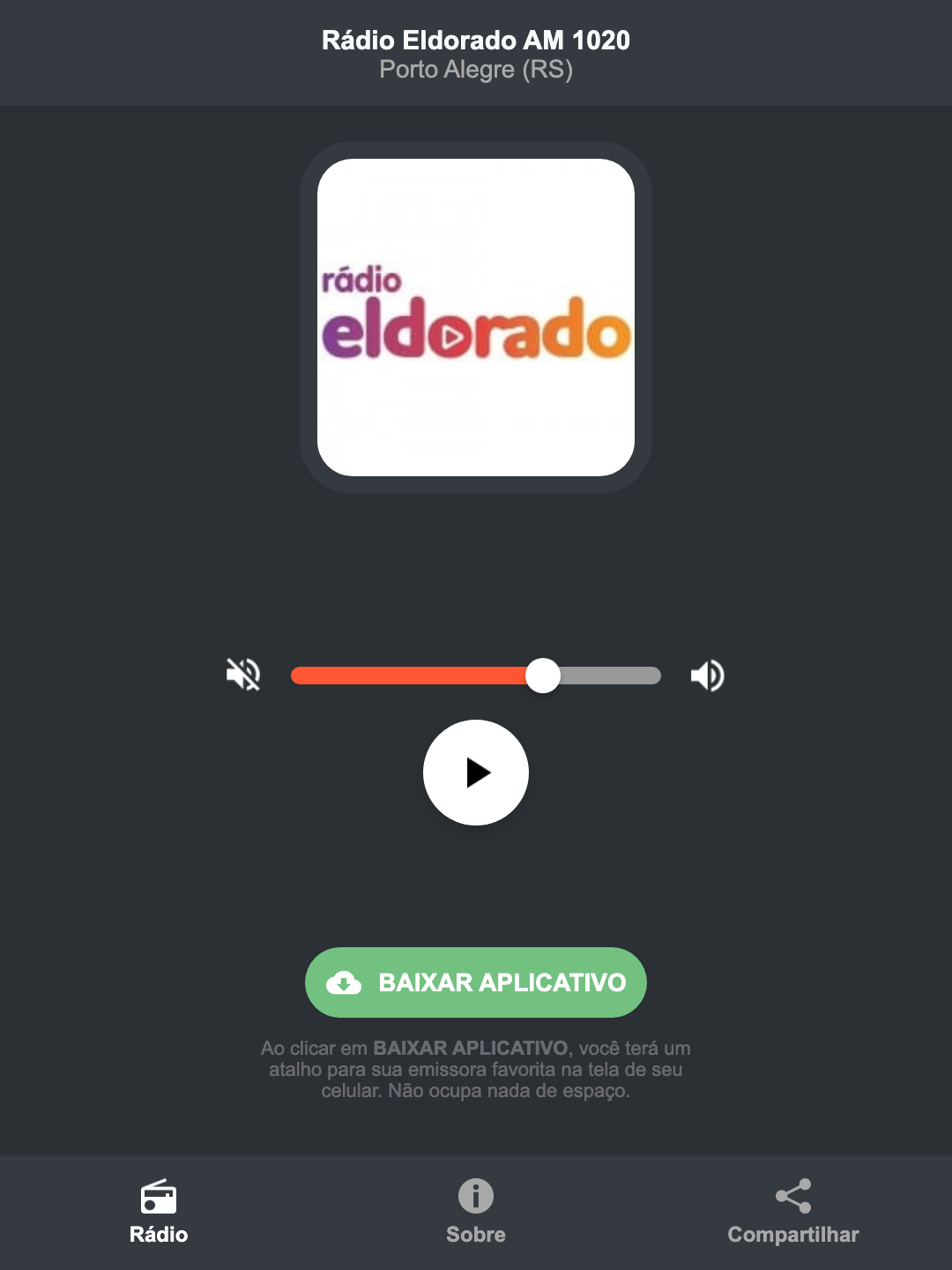 Screenshot do aplicativo da Rádio Eldorado AM 1020