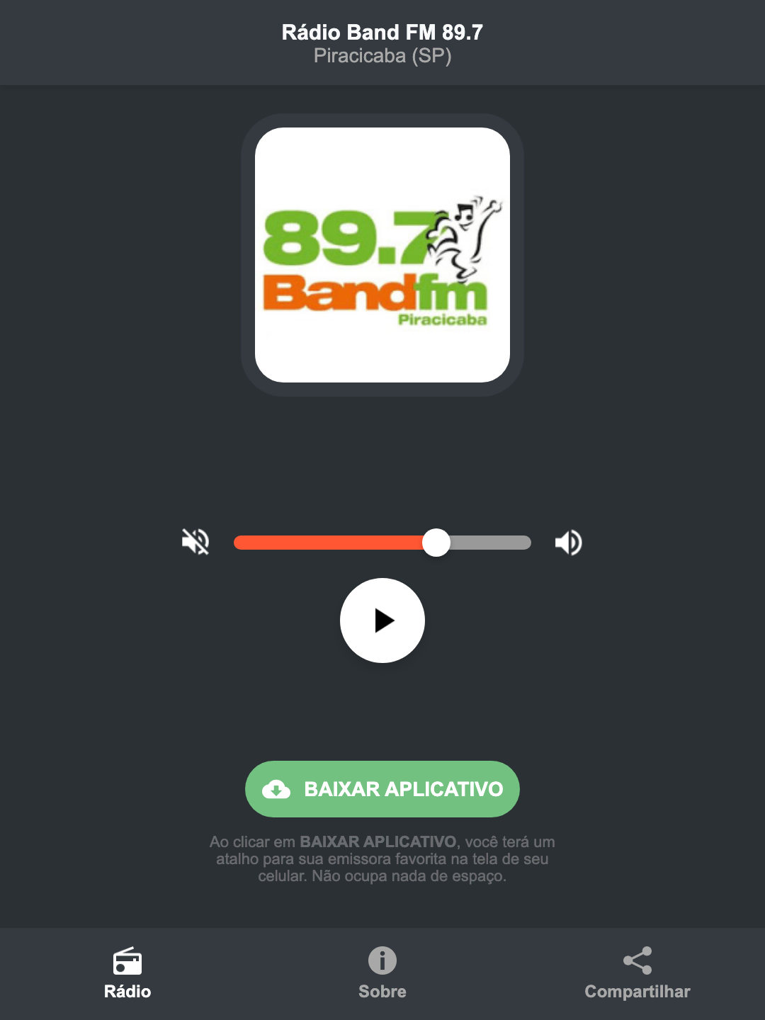 Screenshot do aplicativo da Rádio Band FM 89.7