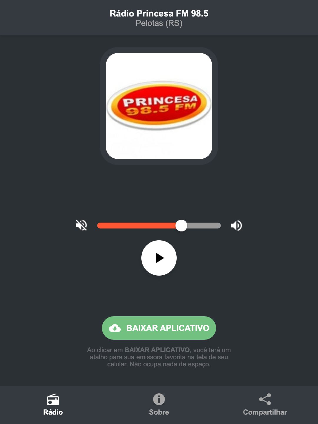 Screenshot do aplicativo da Rádio Princesa FM 98.5