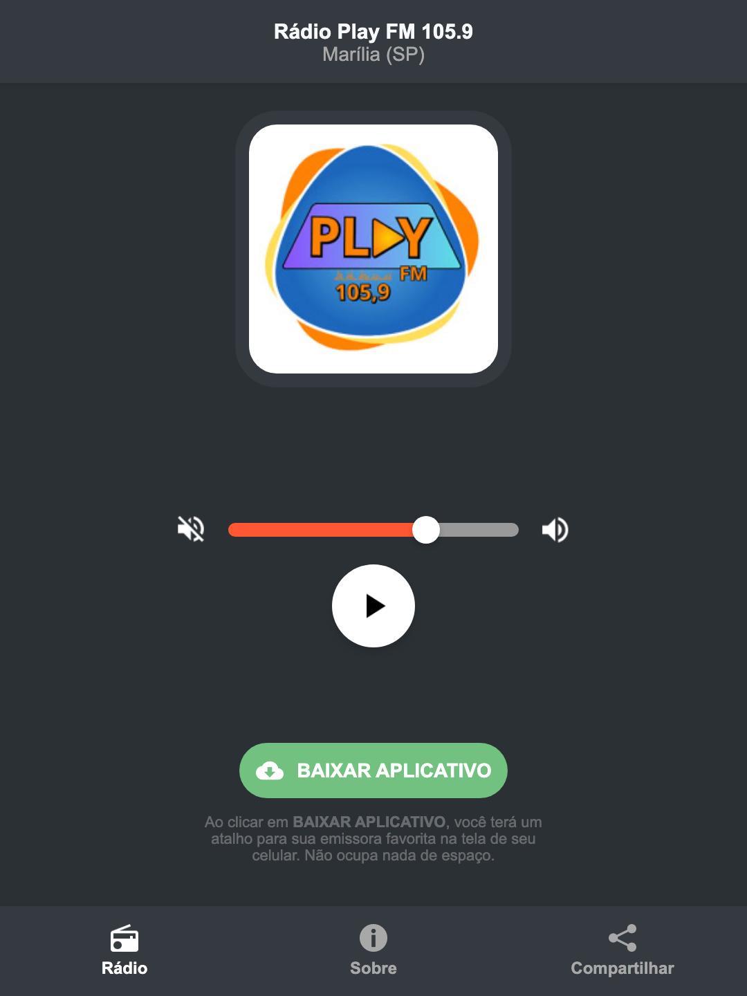 Screenshot do aplicativo da Rádio Play FM 105.9