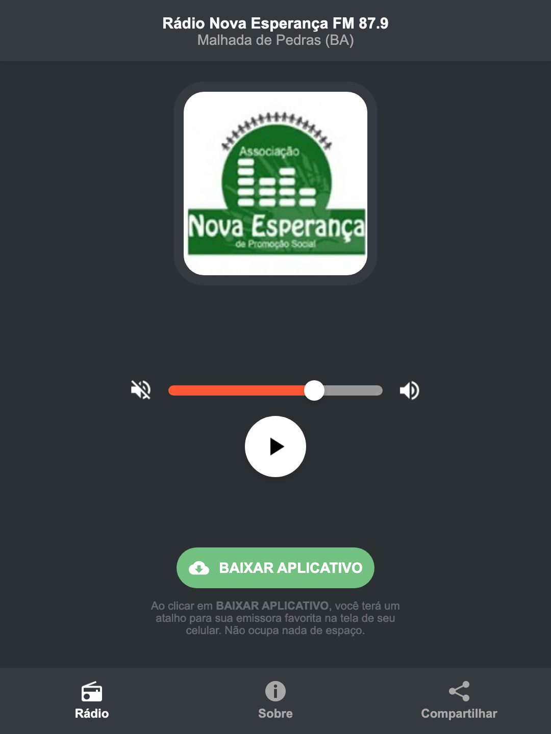 Screenshot do aplicativo da Rádio Nova Esperança FM 87.9