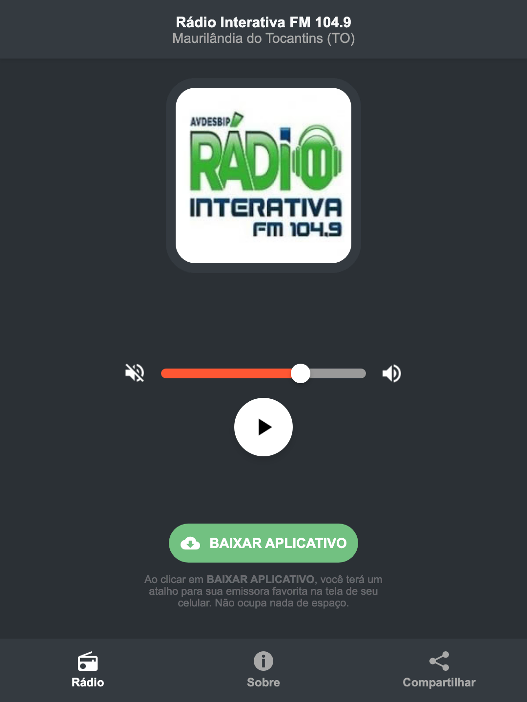 Screenshot do aplicativo da Rádio Interativa FM 104.9