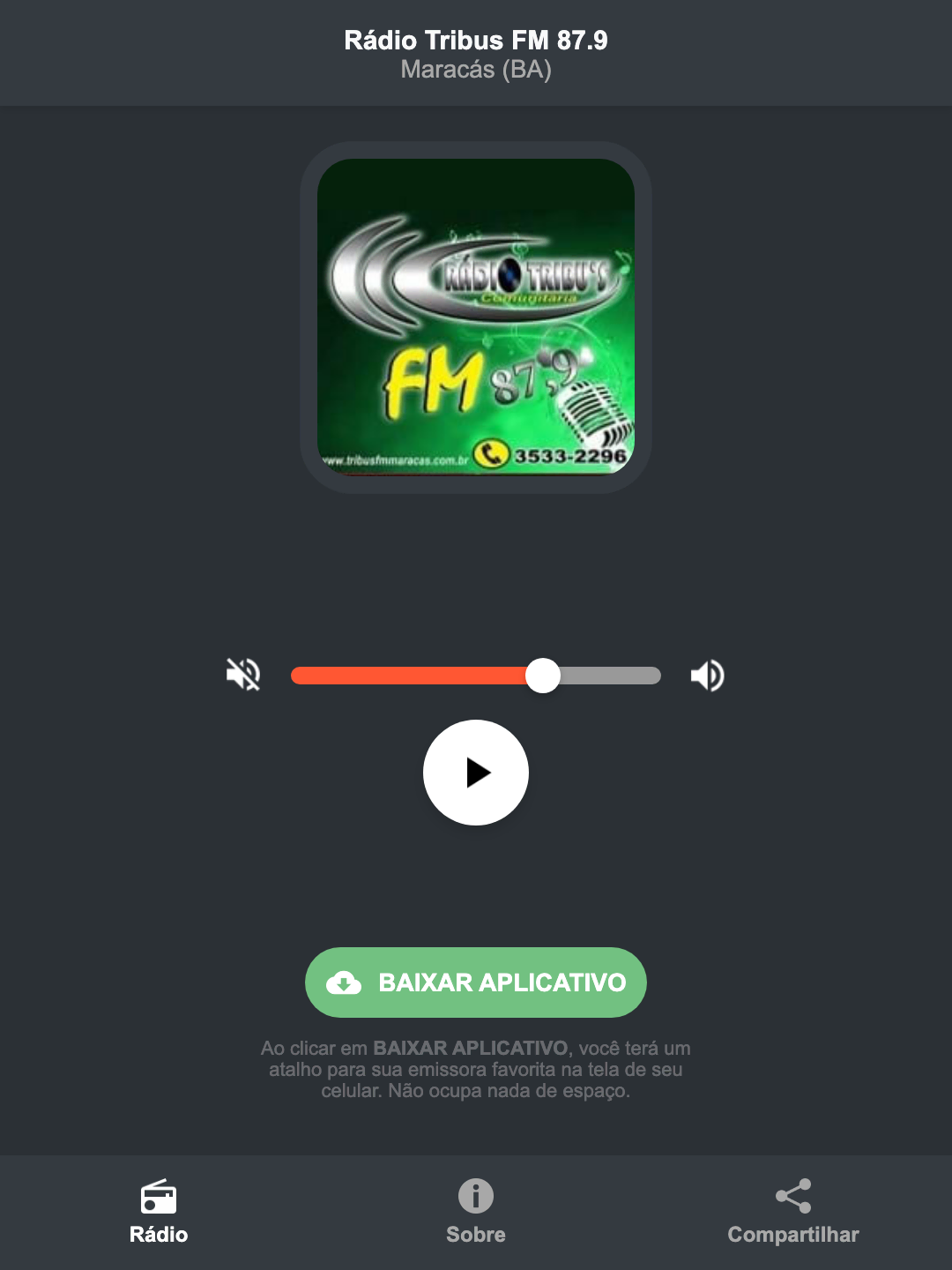 Screenshot do aplicativo da Rádio Tribus FM 87.9