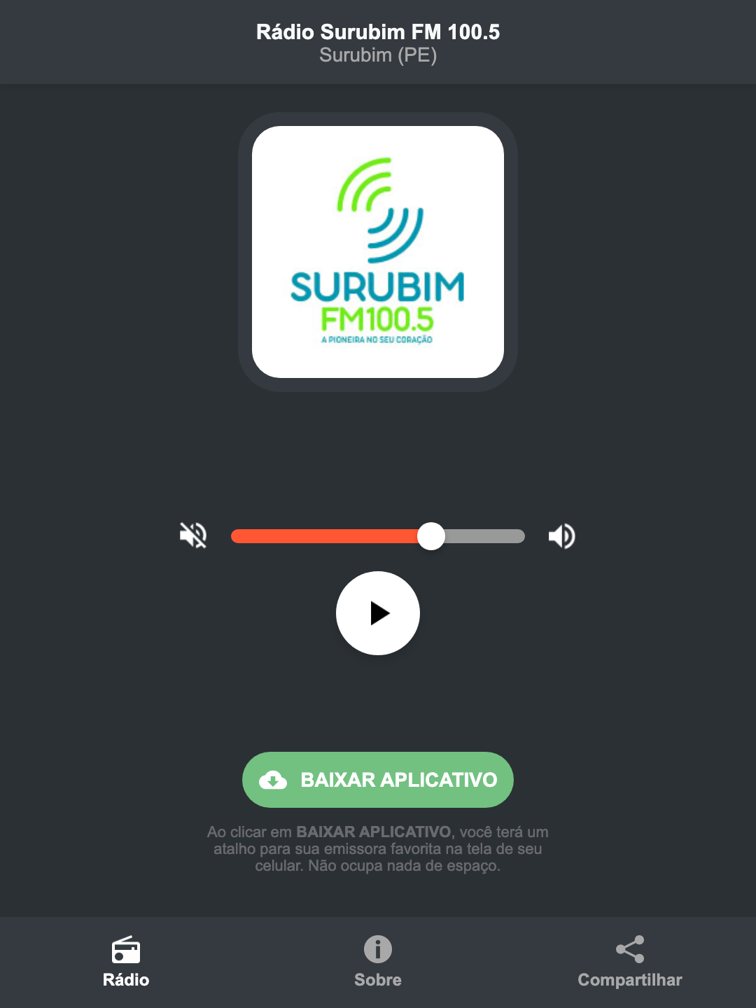 Screenshot do aplicativo da Rádio Surubim FM 100.5