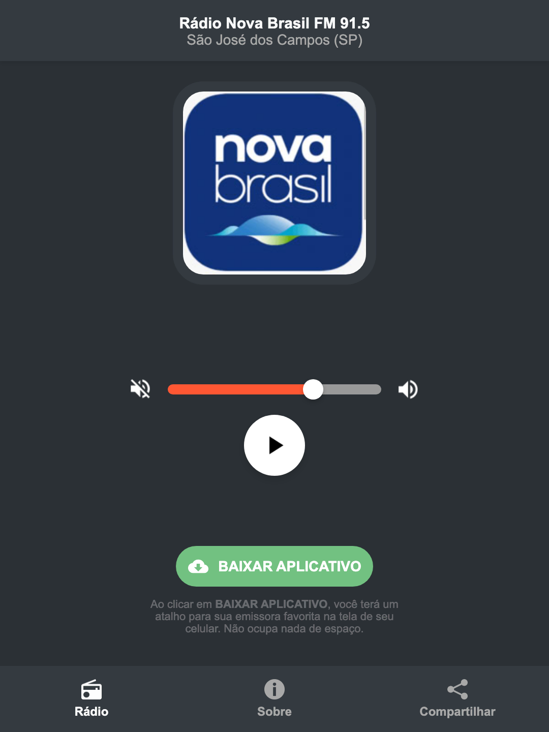 Screenshot do aplicativo da Rádio Nova Brasil FM 91.5