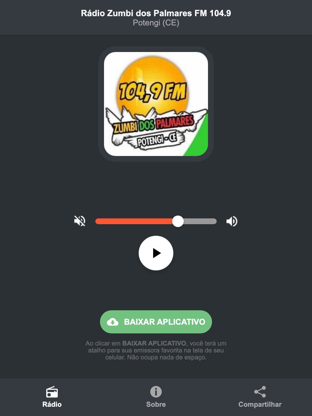 Screenshot do aplicativo da Rádio Zumbi dos Palmares FM 104.9