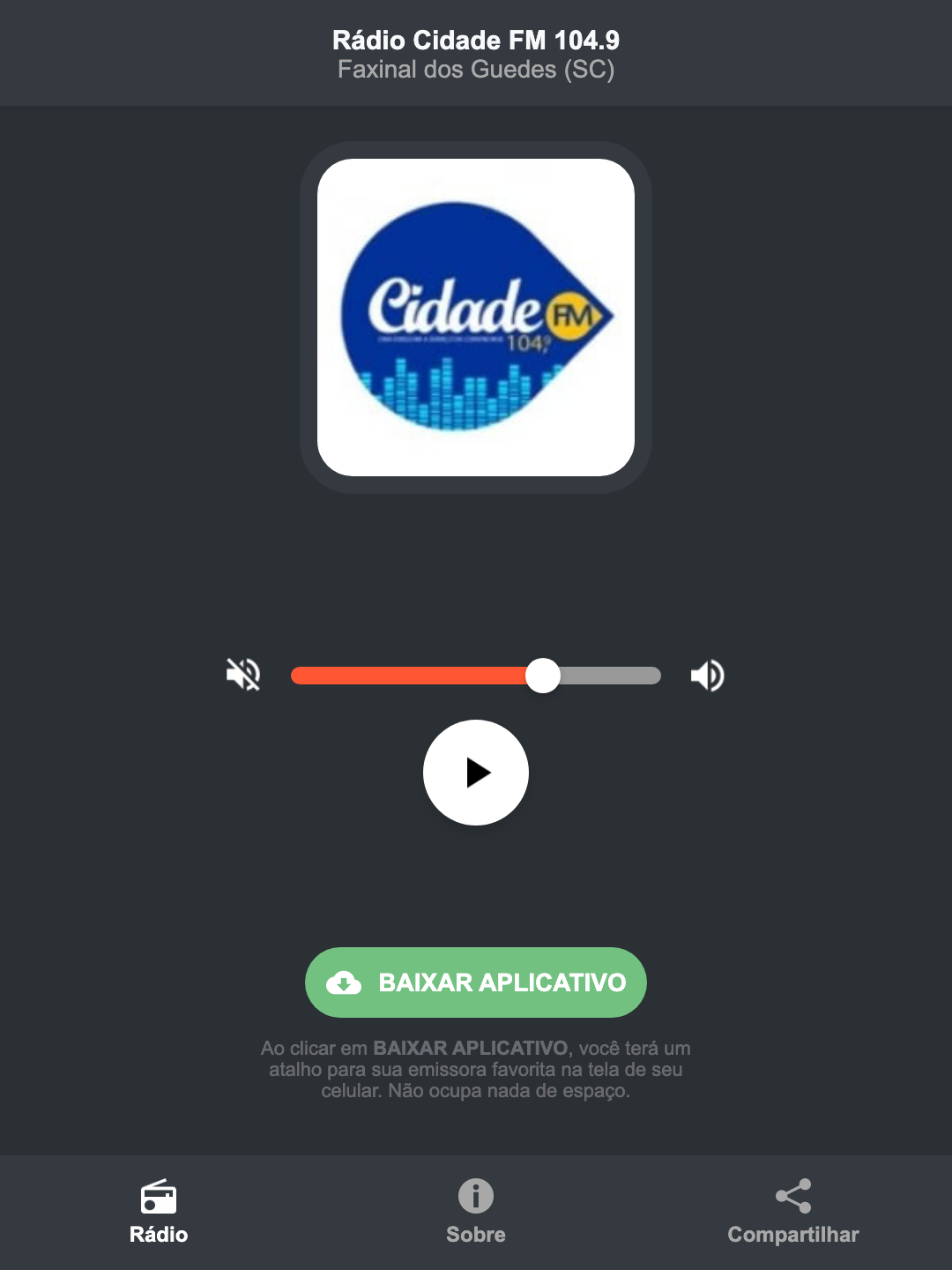 Screenshot do aplicativo da Rádio Cidade FM 104.9