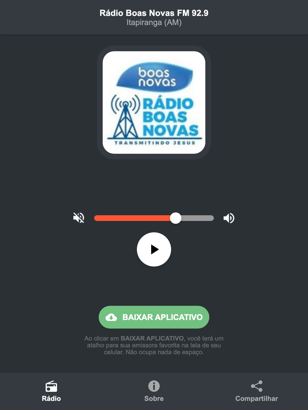 Screenshot do aplicativo da Rádio Boas Novas FM 92.9