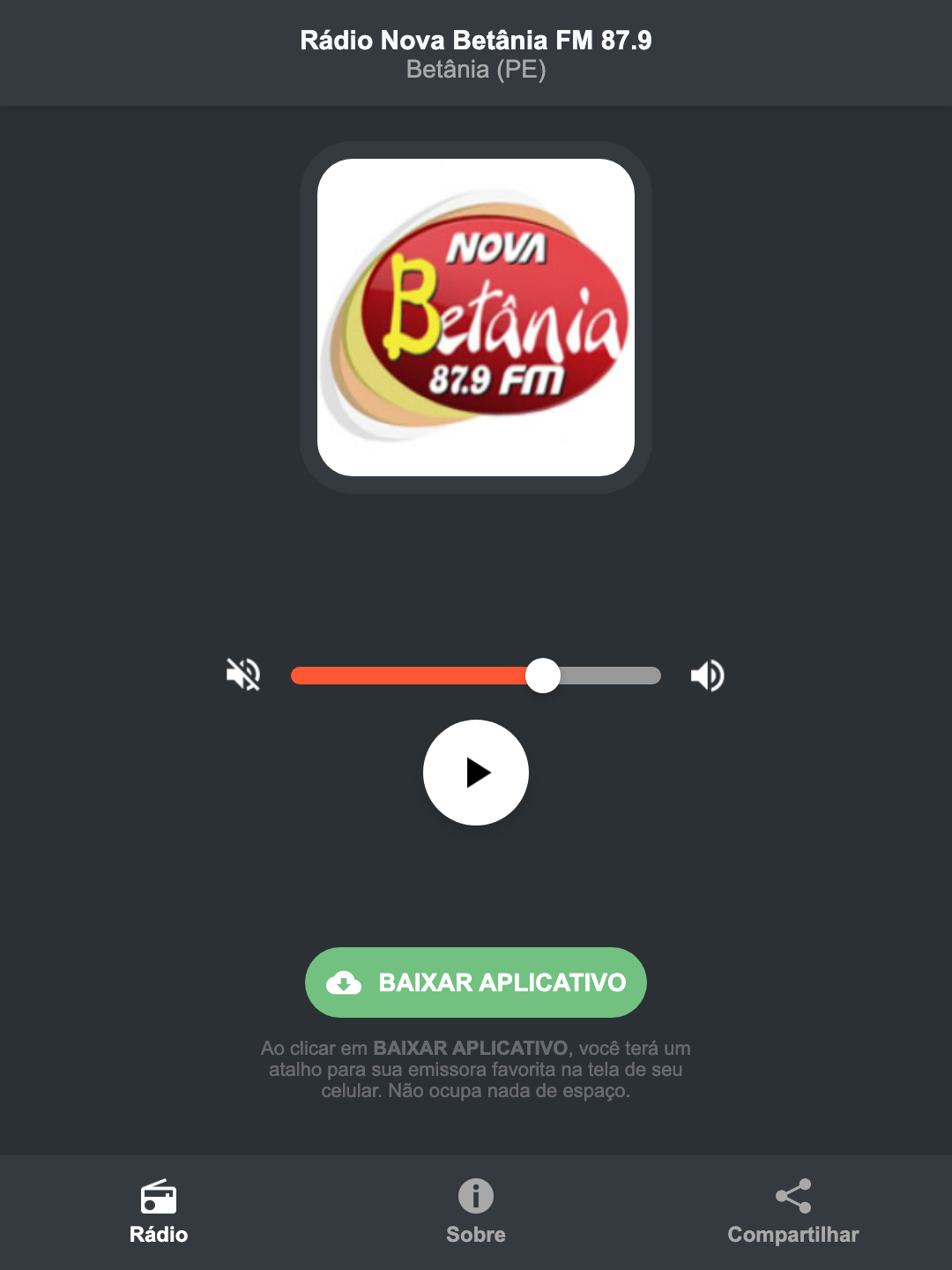 Screenshot do aplicativo da Rádio Nova Betânia FM 87.9