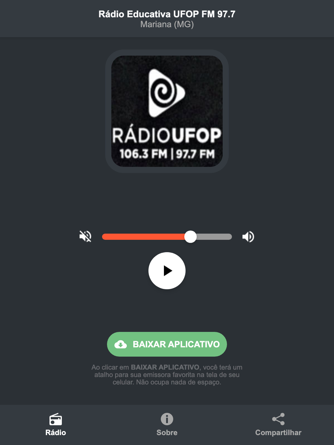 Screenshot do aplicativo da Rádio Educativa UFOP FM 97.7