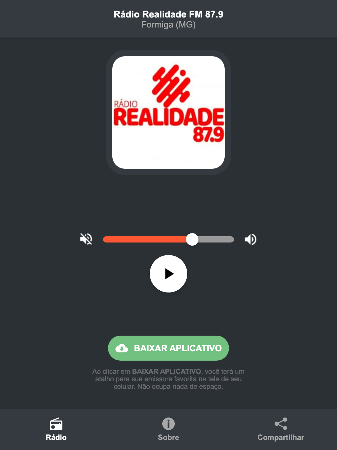 Screenshot do aplicativo da Rádio Realidade FM 87.9