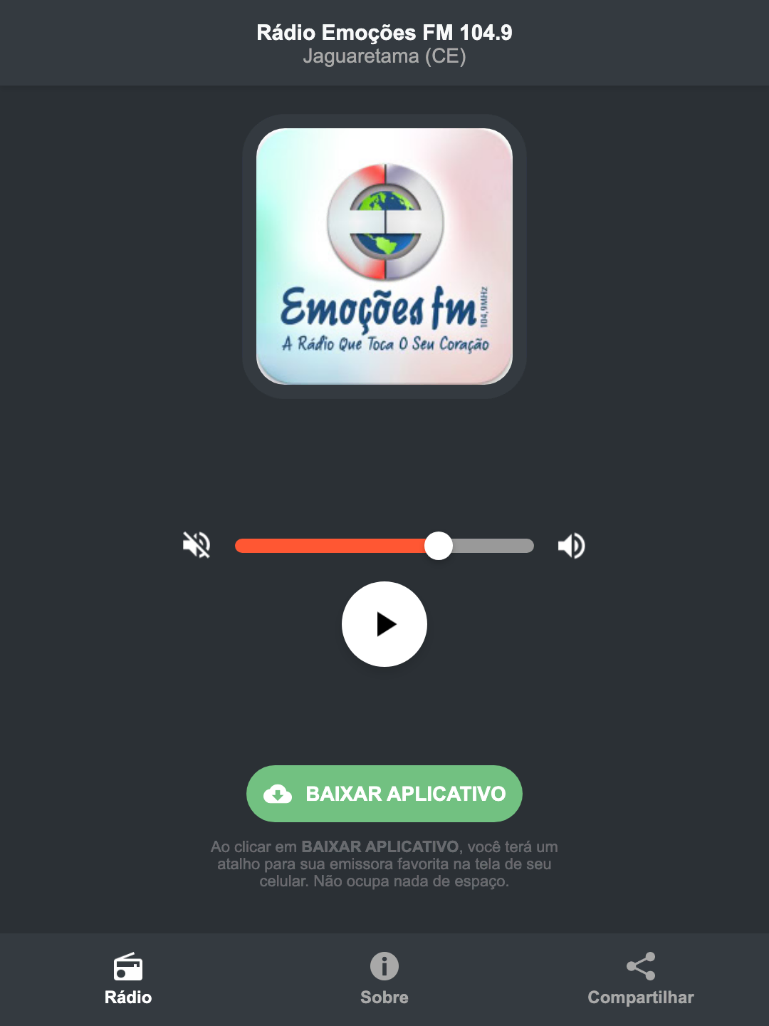 Screenshot do aplicativo da Rádio Emoções FM 104.9