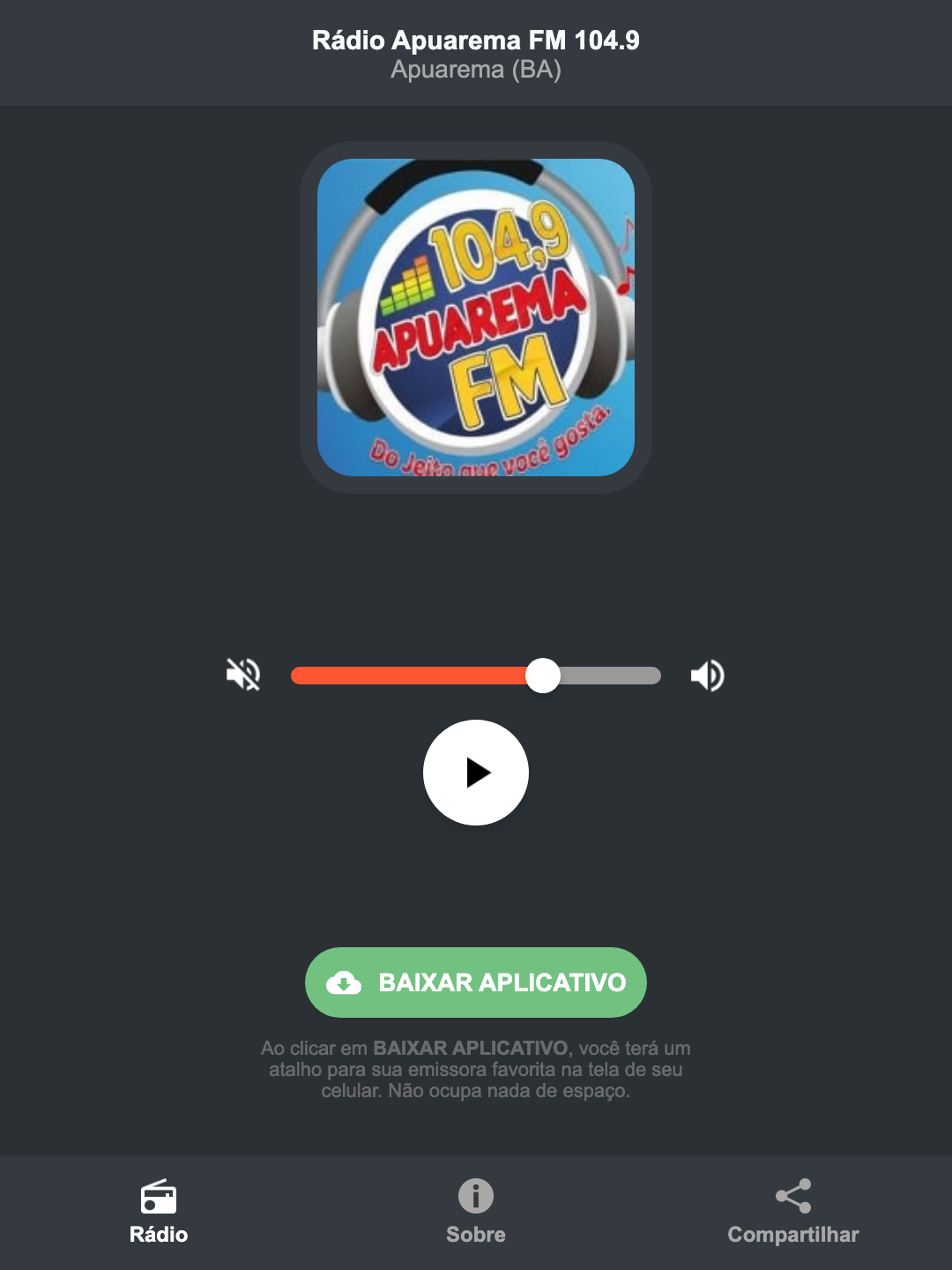 Screenshot do aplicativo da Rádio Apuarema FM 104.9