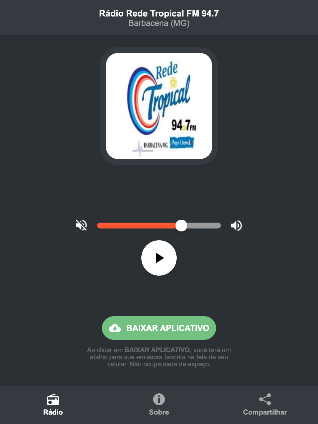 Screenshot do aplicativo da Rádio Rede Tropical FM 94.7