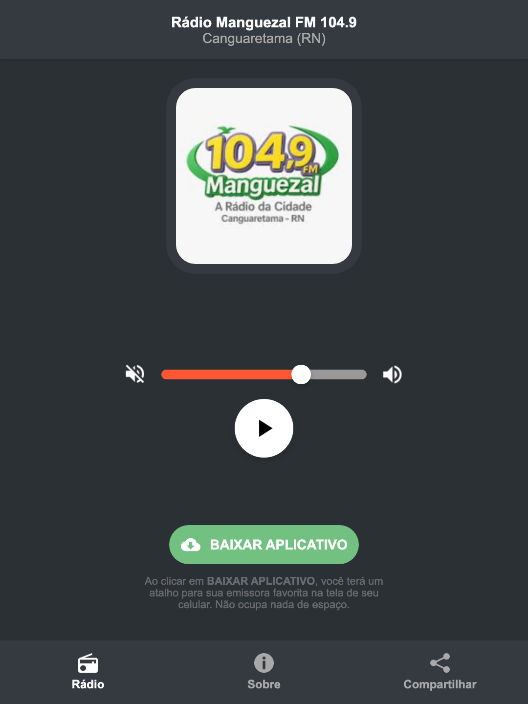 Screenshot do aplicativo da Rádio Manguezal FM 104.9