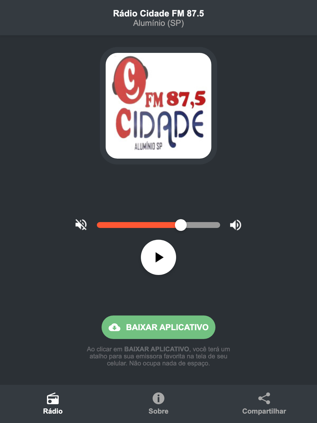 Screenshot do aplicativo da Rádio Cidade FM 87.5