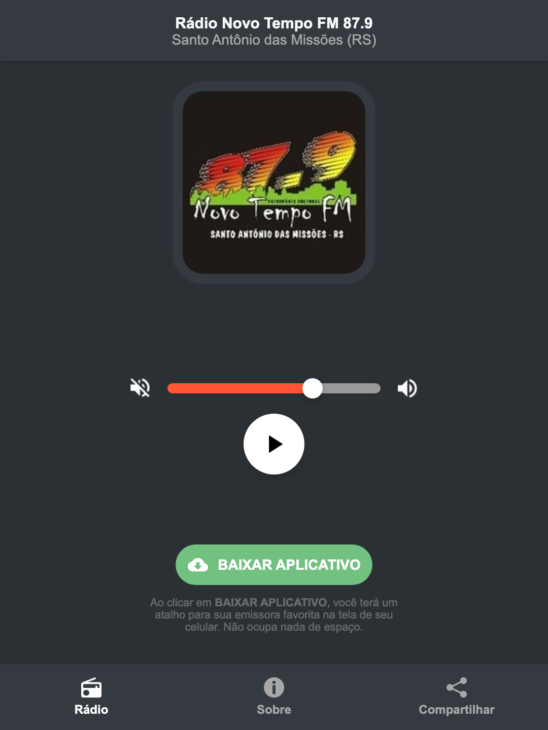 Screenshot do aplicativo da Rádio Novo Tempo FM 87.9
