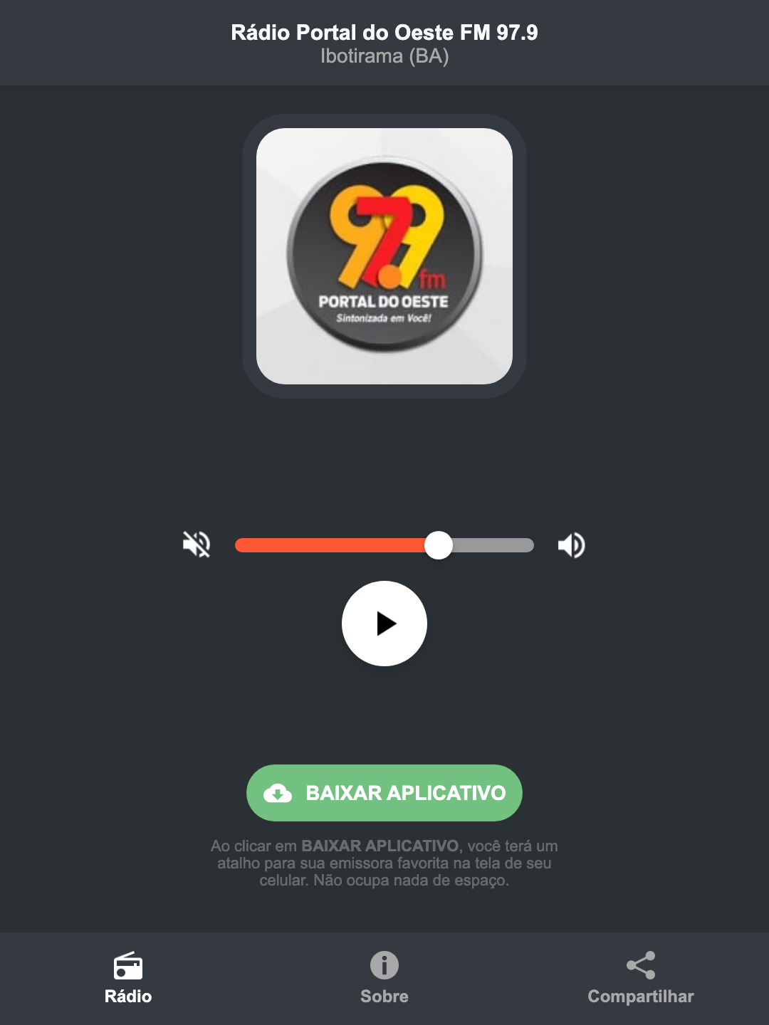 Screenshot do aplicativo da Rádio Portal do Oeste FM 97.9