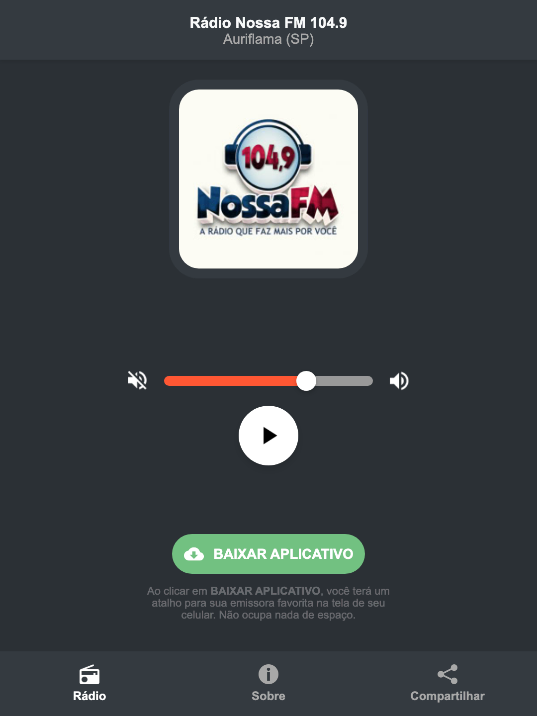 Screenshot do aplicativo da Rádio Nossa FM 104.9