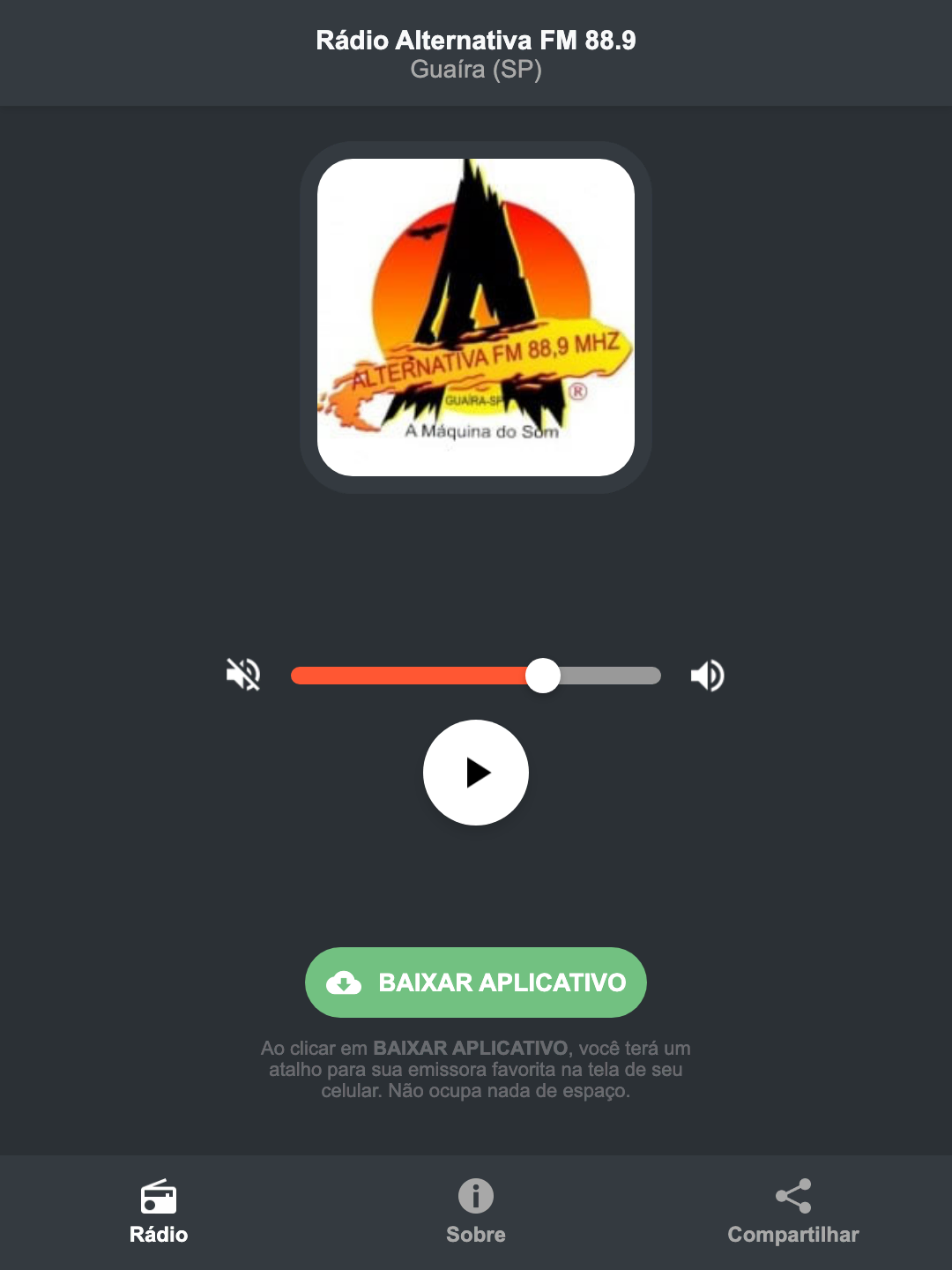 Screenshot do aplicativo da Rádio Alternativa FM 88.9