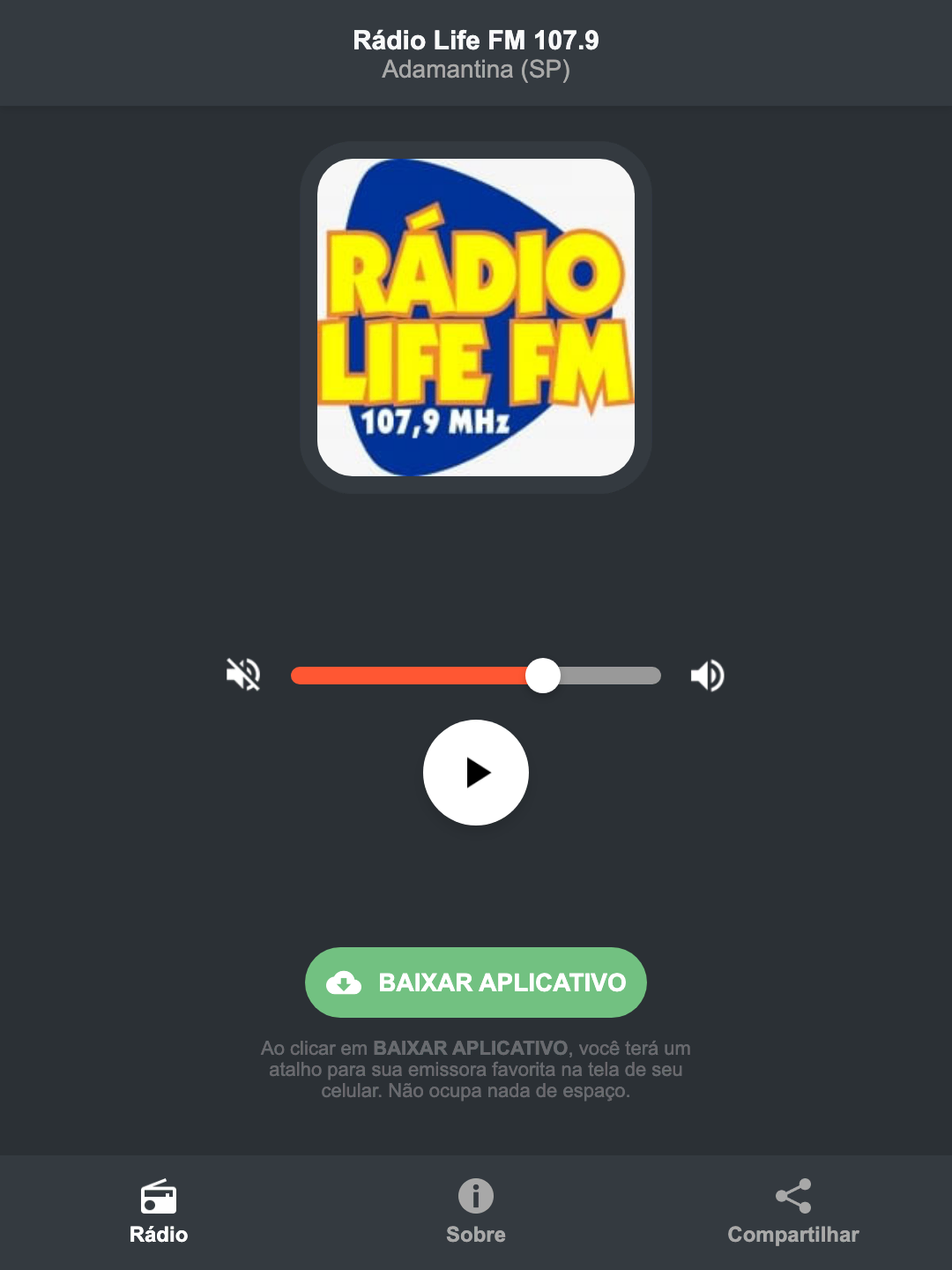Screenshot do aplicativo da Rádio Life FM 107.9