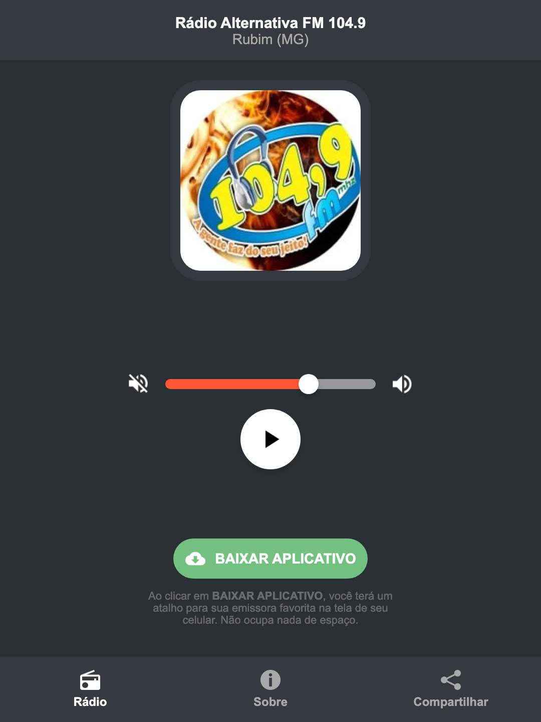 Screenshot do aplicativo da Rádio Alternativa FM 104.9