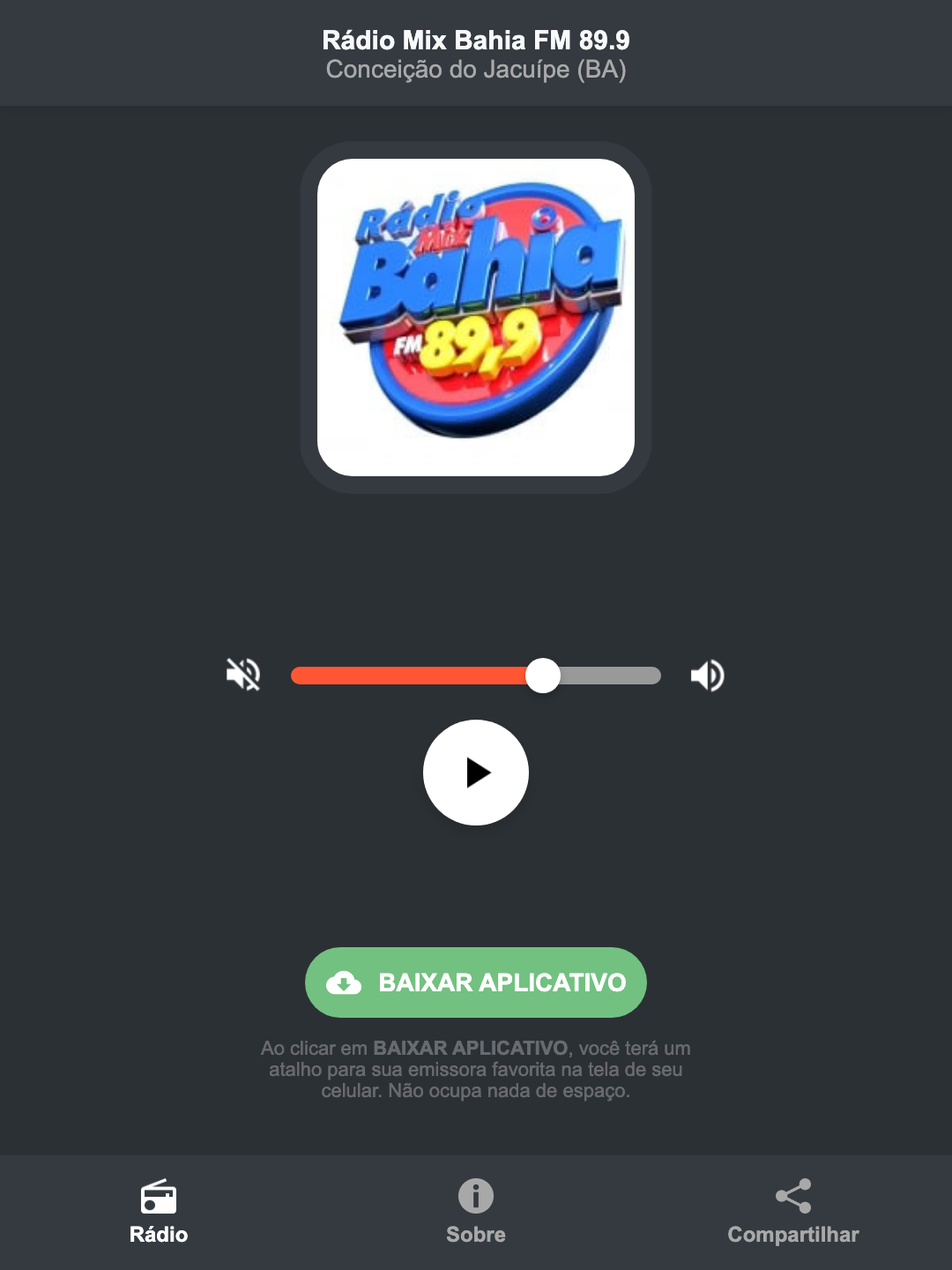 Screenshot do aplicativo da Rádio Mix Bahia FM 89.9