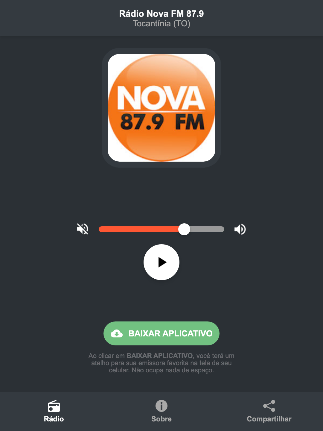 Screenshot do aplicativo da Rádio Nova FM 87.9