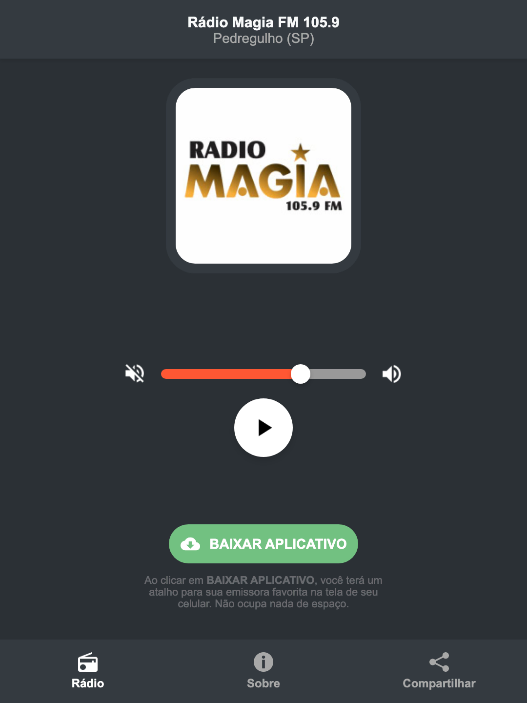 Screenshot do aplicativo da Rádio Magia FM 105.9