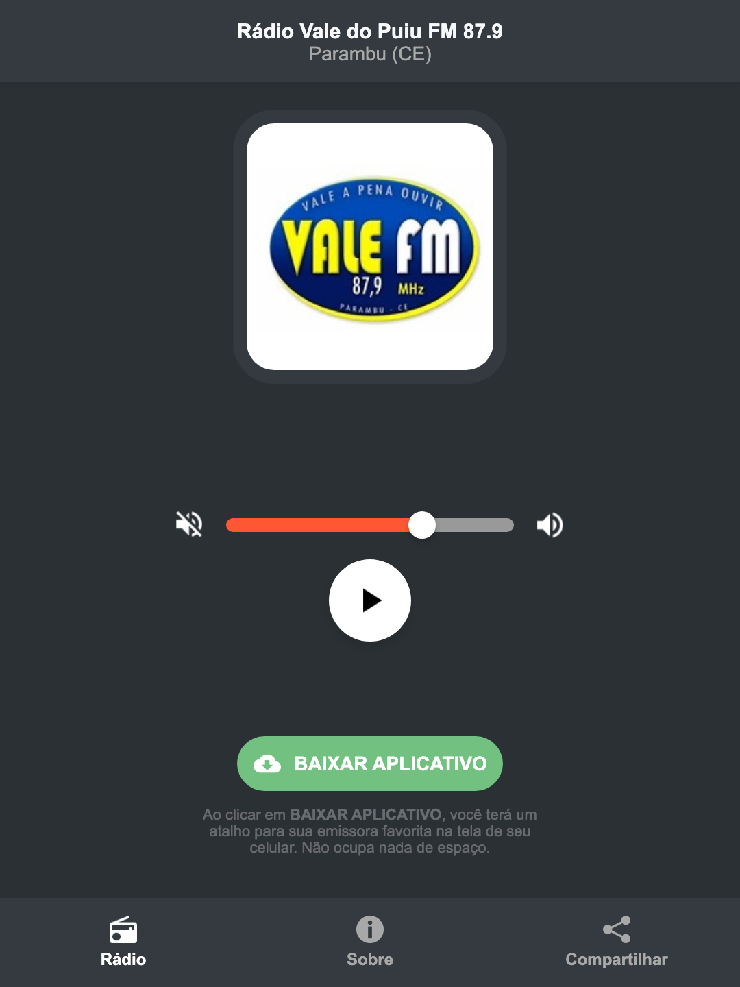 Screenshot do aplicativo da Rádio Vale do Puiu FM 87.9