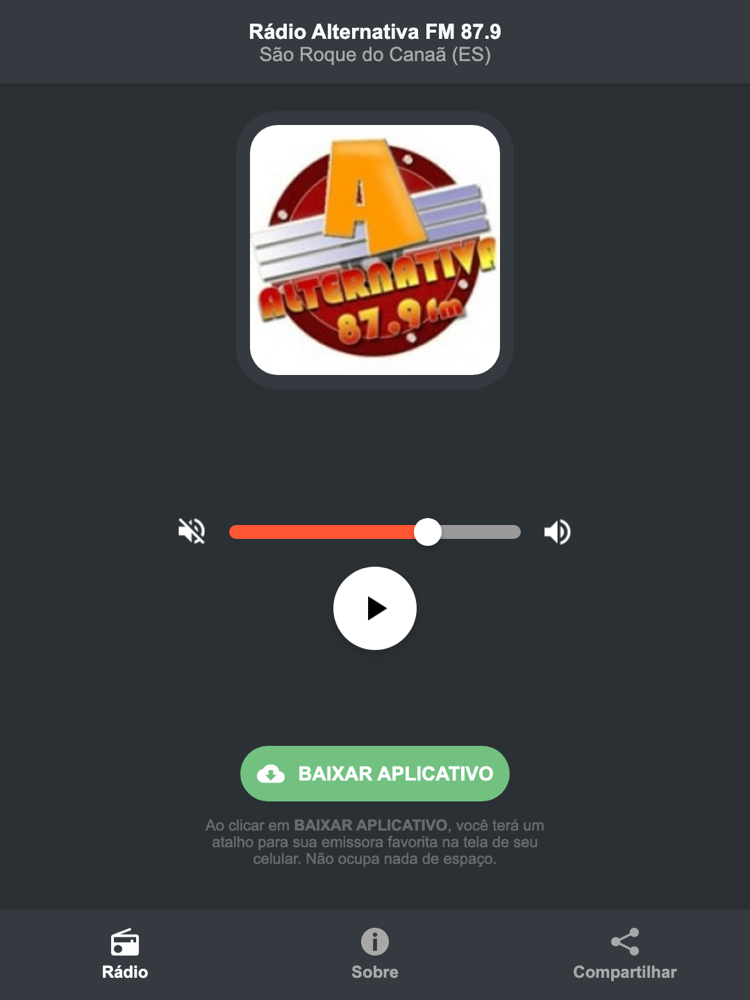 Screenshot do aplicativo da Rádio Alternativa FM 87.9