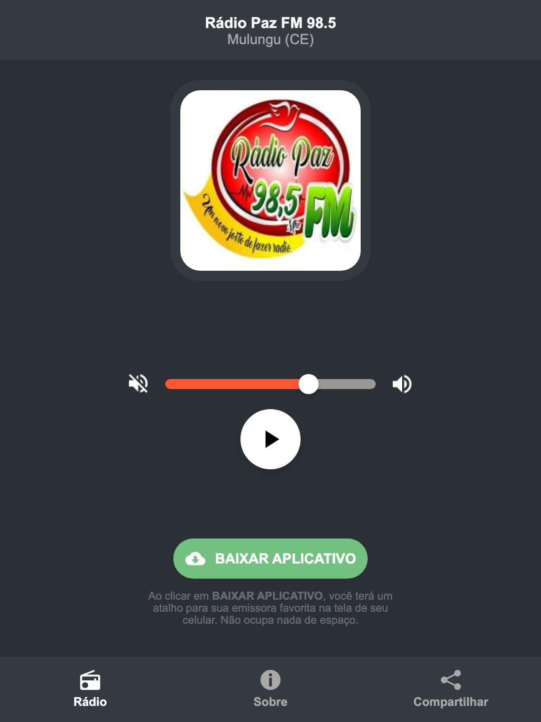 Screenshot do aplicativo da Rádio Paz FM 98.5