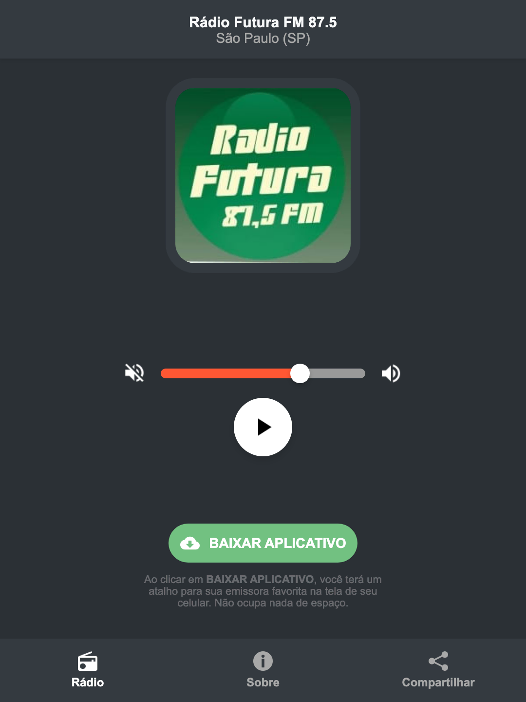 Screenshot do aplicativo da Rádio Futura FM 87.5