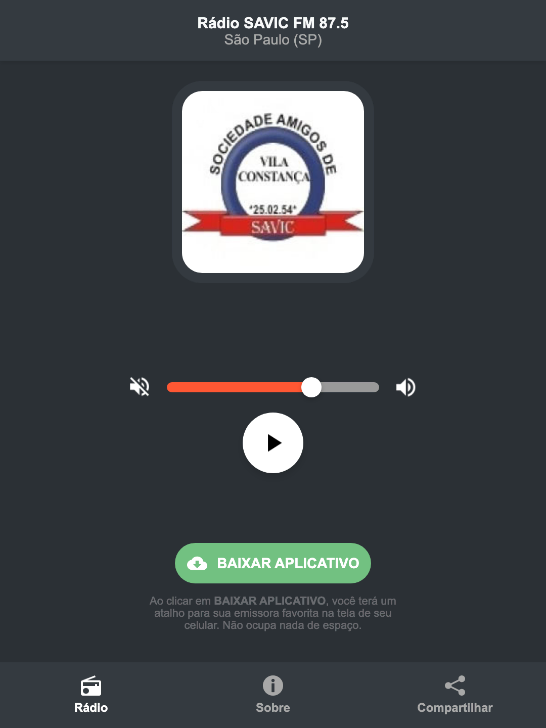 Screenshot do aplicativo da Rádio SAVIC FM 87.5