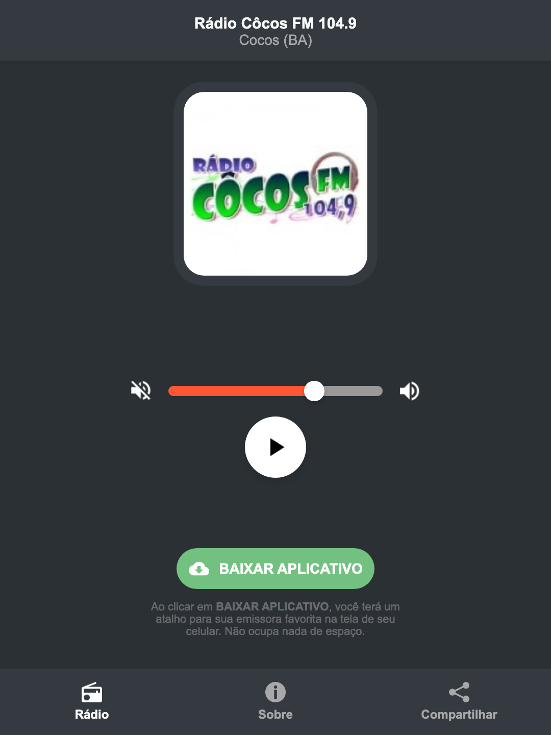 Screenshot do aplicativo da Rádio Côcos FM 104.9