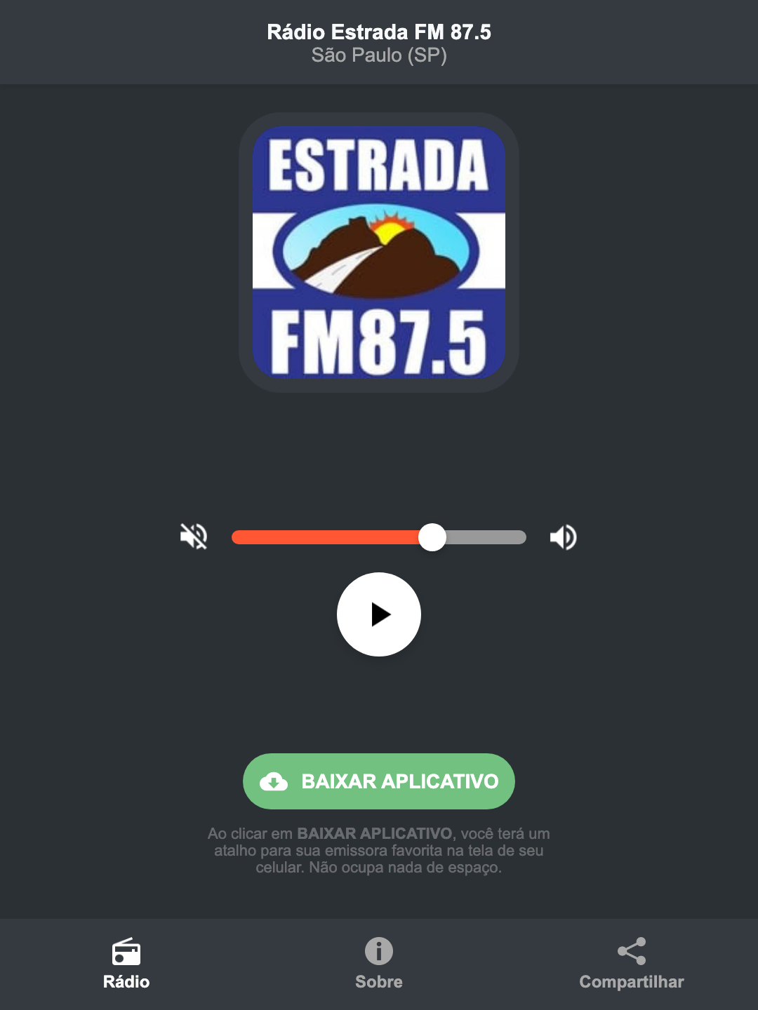 Screenshot do aplicativo da Rádio Estrada FM 87.5