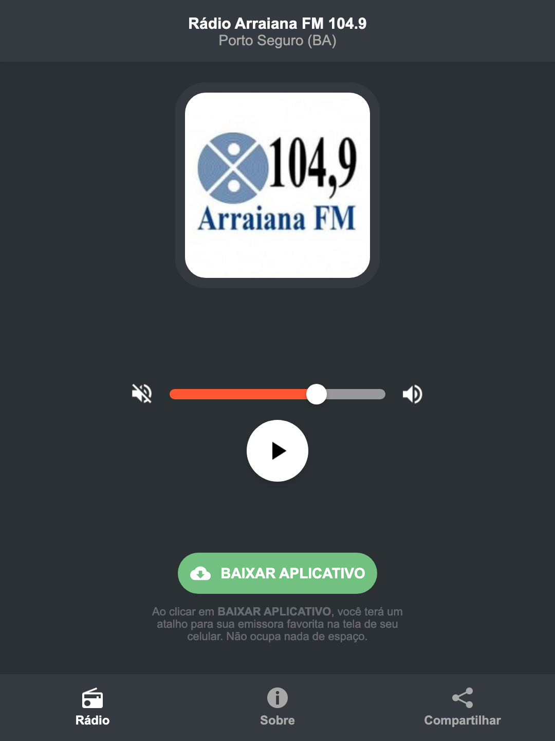 Screenshot do aplicativo da Rádio Arraiana FM 104.9