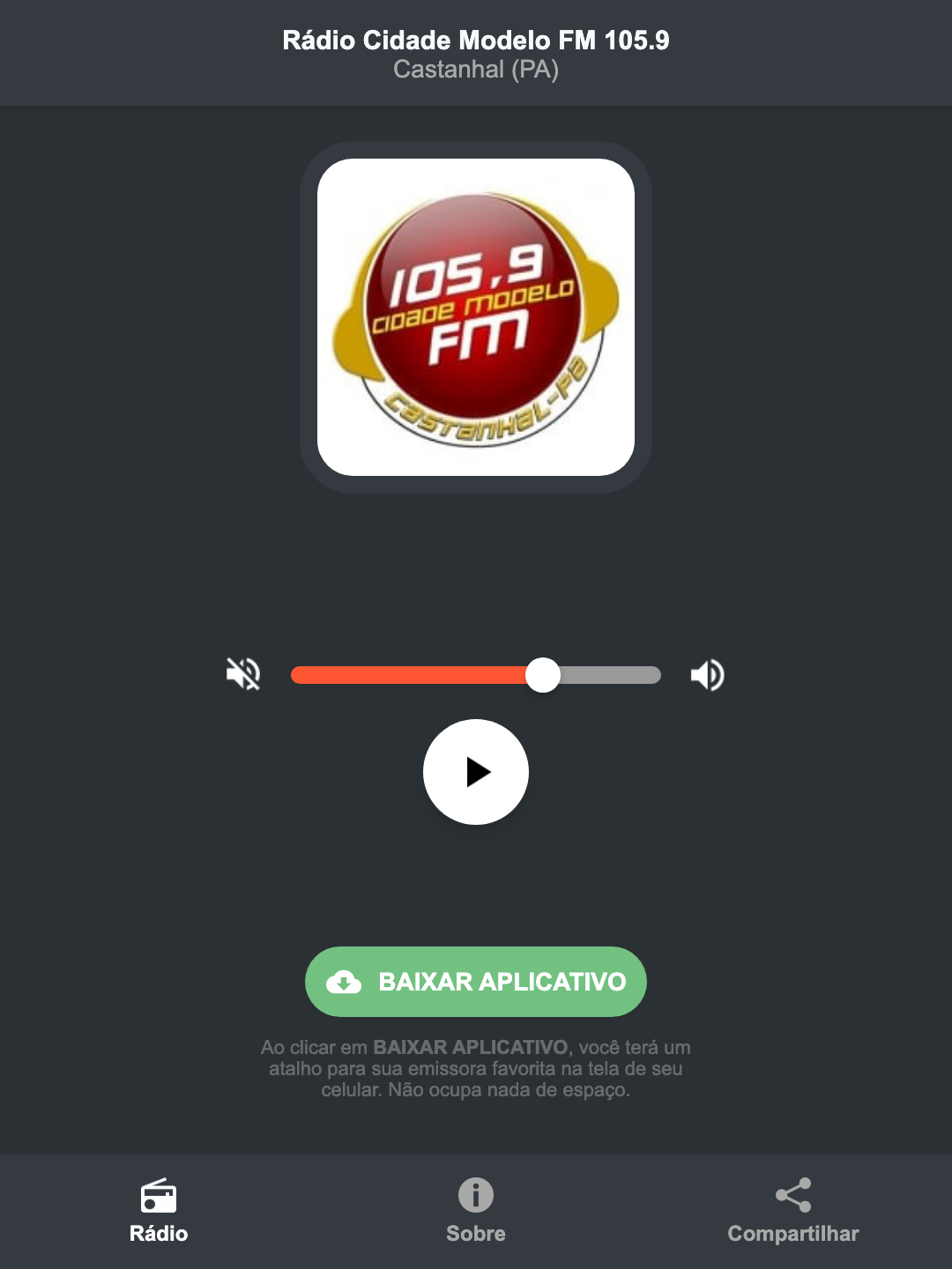 Screenshot do aplicativo da Rádio Cidade Modelo FM 105.9