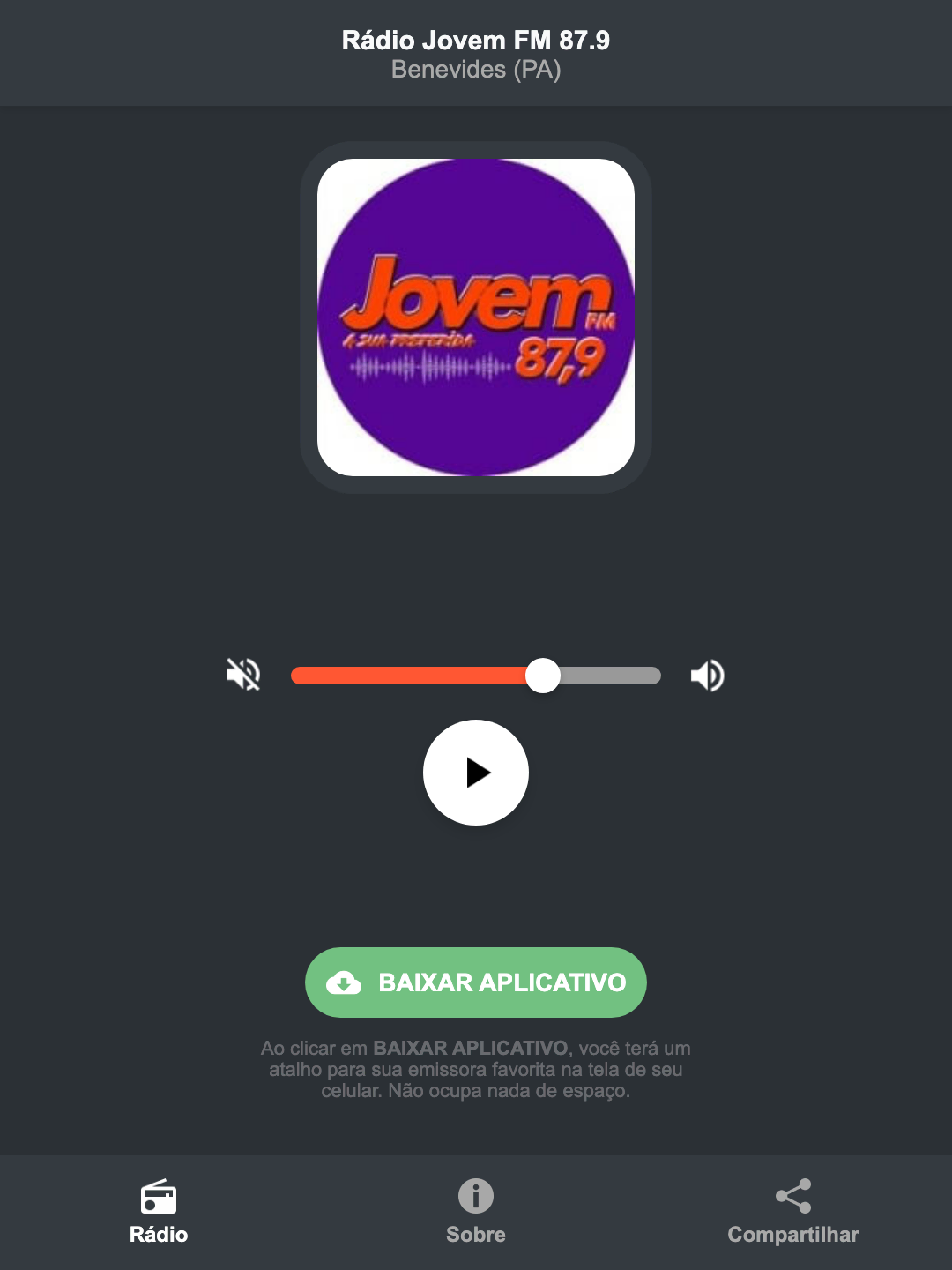 Screenshot do aplicativo da Rádio Jovem FM 87.9