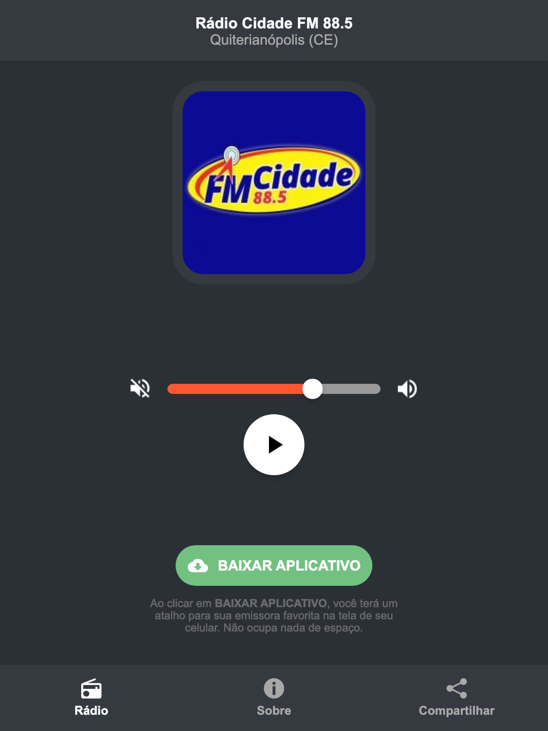 Screenshot do aplicativo da Rádio Cidade FM 88.5