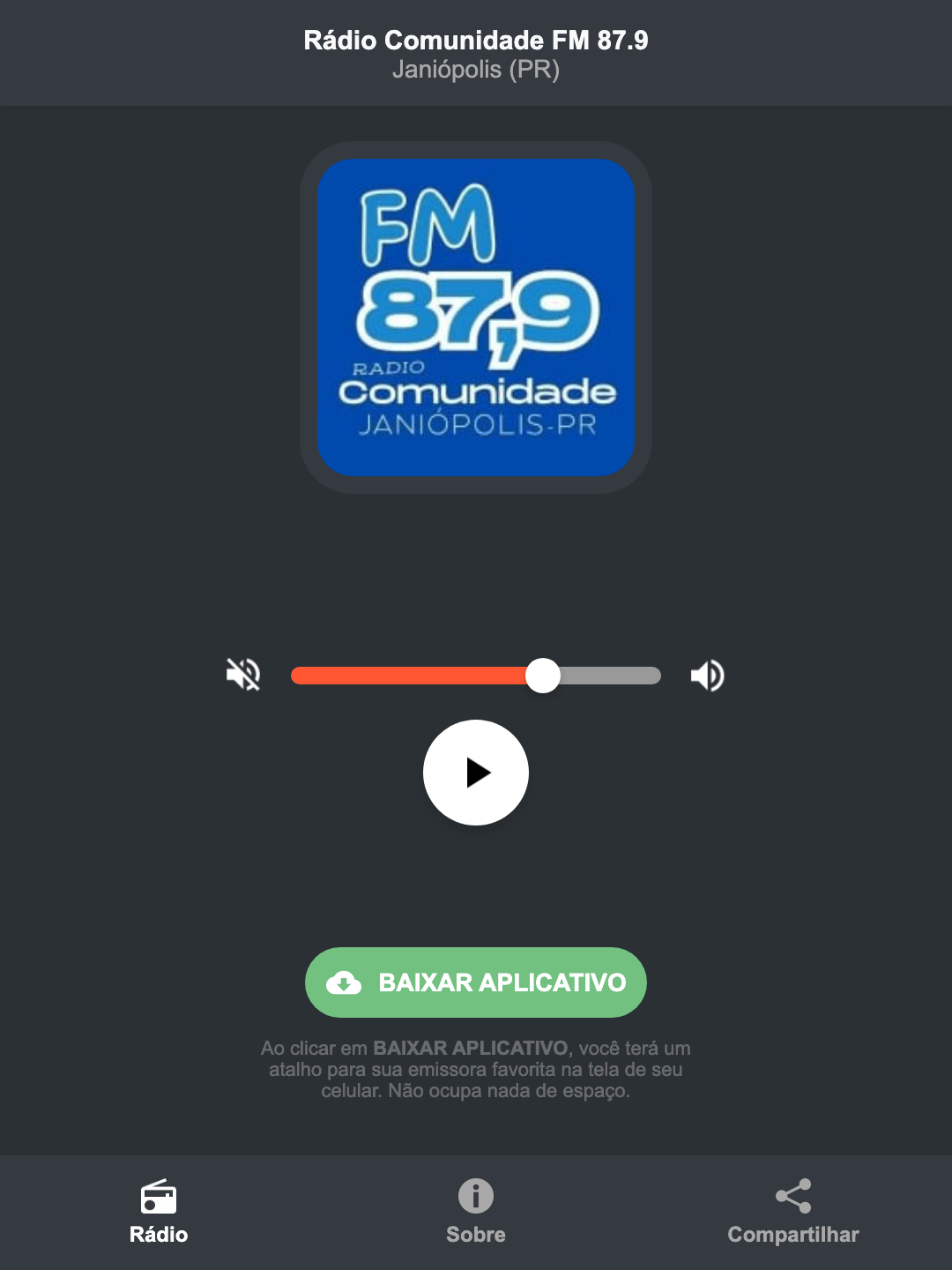 Screenshot do aplicativo da Rádio Comunidade FM 87.9