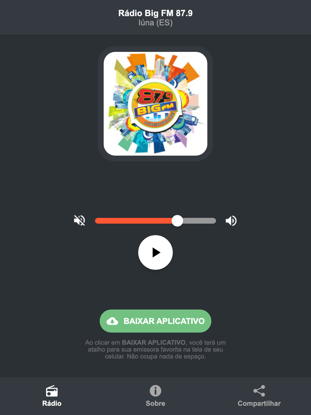 Screenshot do aplicativo da Rádio Big FM 87.9