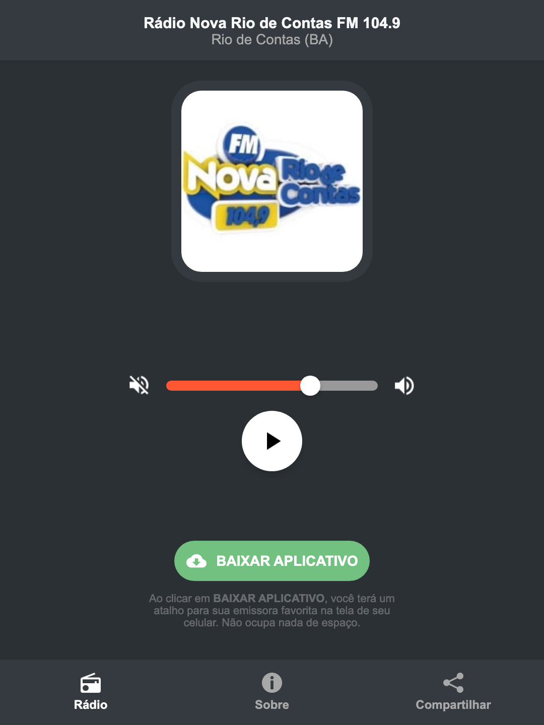 Screenshot do aplicativo da Rádio Nova Rio de Contas FM 104.9